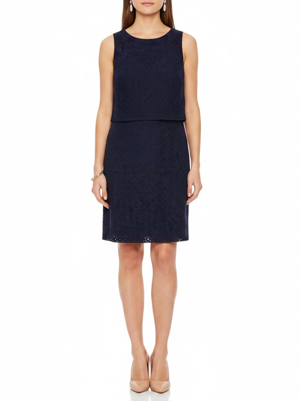 Ivanka Trump Navy Sleeveless Eyelet Midi Dress